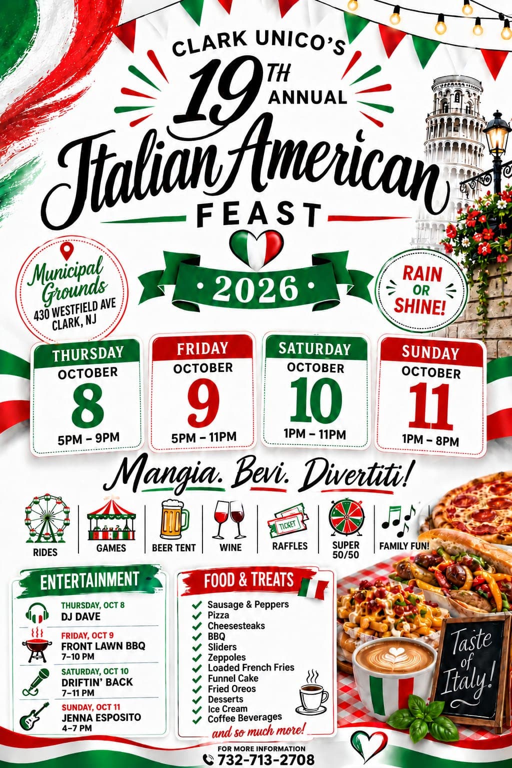 Clark UNICO’s 19th Annual Italian American Feast will take place October 8–11 at the Clark Municipal Grounds.