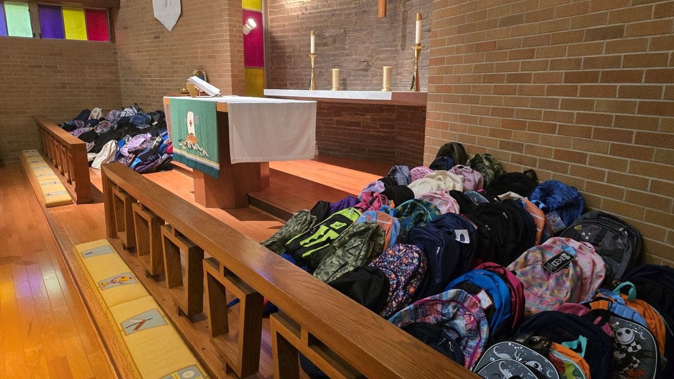 Filled backpacks from Faith Lutheran Church's 2026 collection.