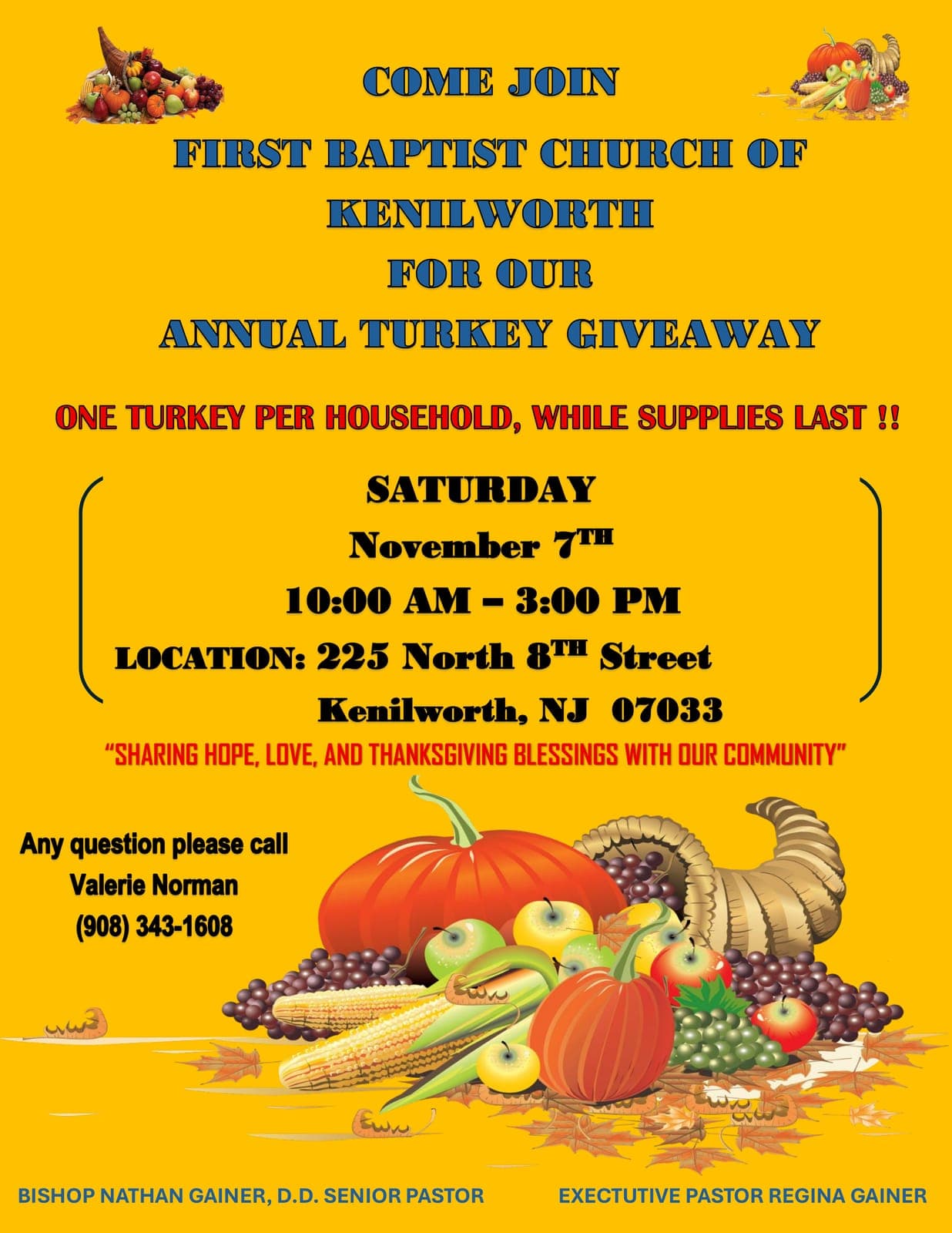 First Baptist Church of Kenilworth lists its annual turkey giveaway on November 7.