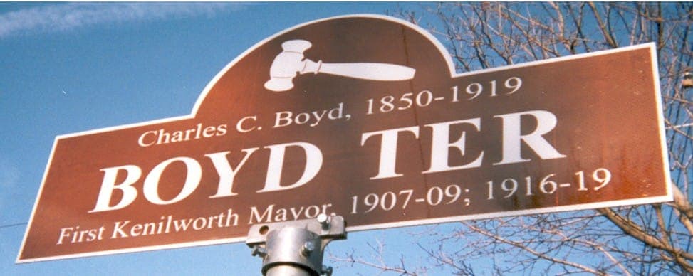 The historic Boyd Terrace sign, installed in 2003, commemorates Kenilworth’s first mayor.